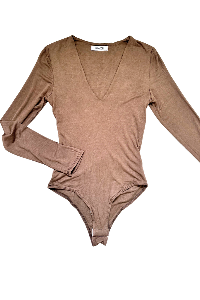 V Double Lined Bodysuit Taupe